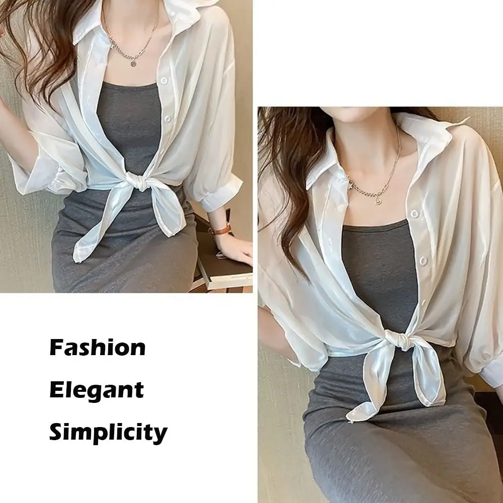 Women Tops Chiffon Sun Protection Shirts Solid Color Tied Waist Half Sleeve Button Blouse Chiffon Shirt Ladies