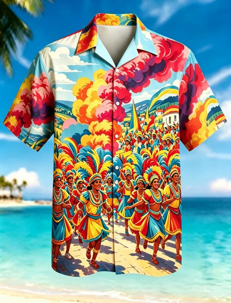 

Men's travel scene printed short-sleeved shirt, featuring tropical design, for summer , camping, and daily casual wear