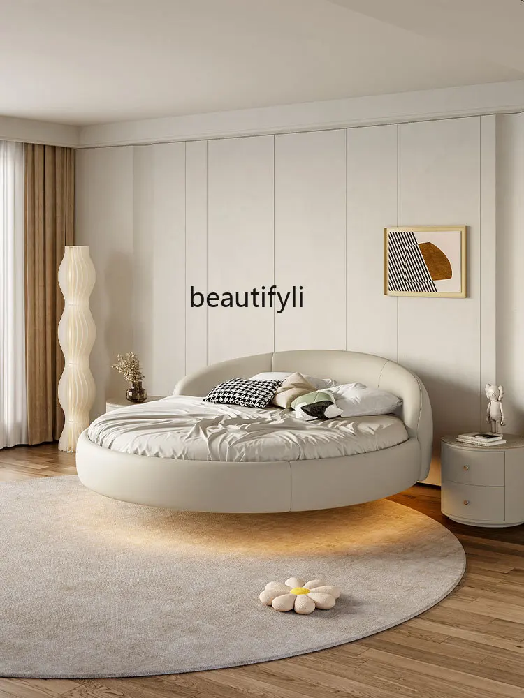 Modern Simple Leather round Bed Hotel Suspension Bed Induction Lamp Master Bedroom Double Bed