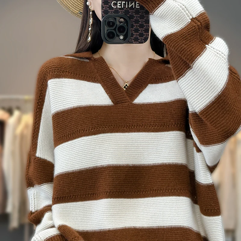 New% sweater in autumn and winter women'sstriped color matching sweater with loose knit bottoming shirt