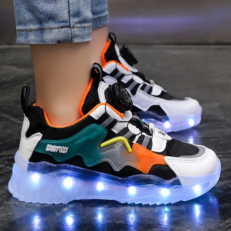 Children\'s Casual Sports Shoes with Rotating Button Two Wheel LED Lights USB Charging Training Shoes Kids Sneakers