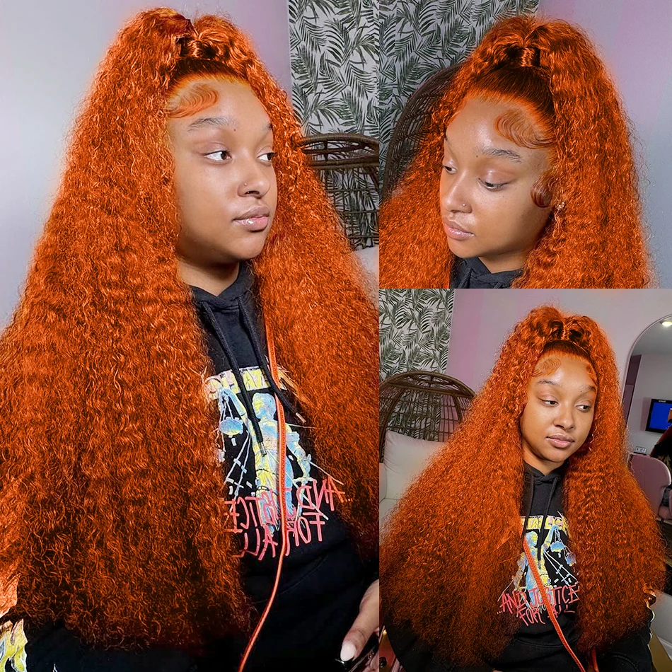 Ondinay-Peluca de cabello humano rizado con encaje Frontal para mujer, postizo de 36 y 40 pulgadas con ondas profundas, color naranja jengibre,