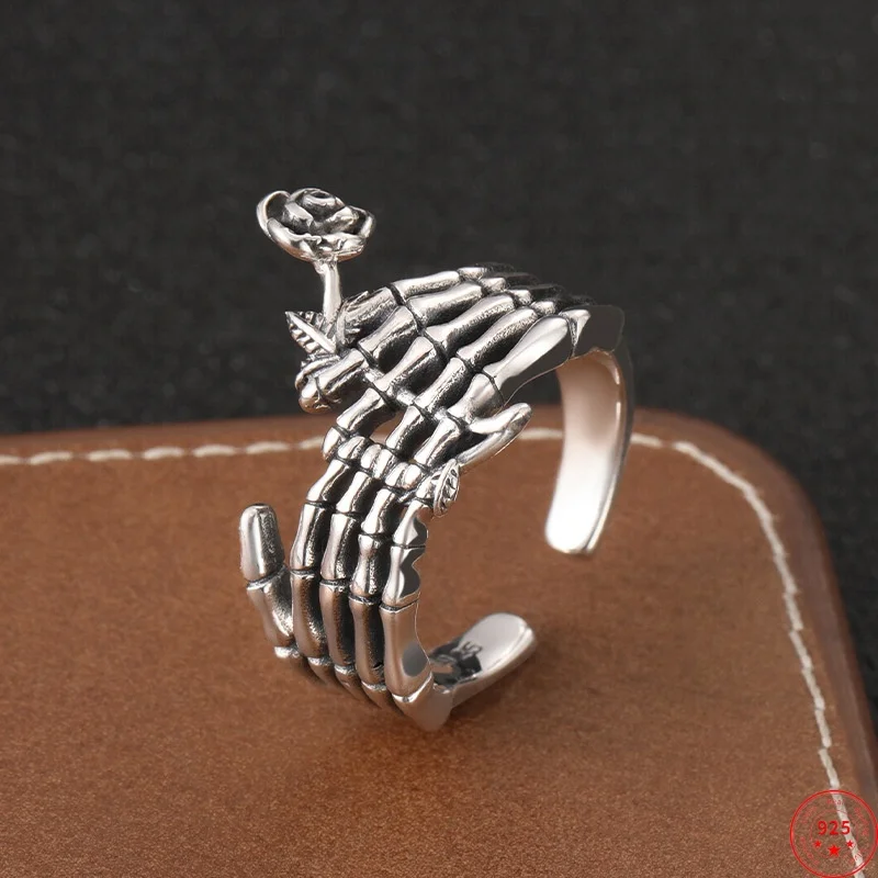 S925 Sterling Silver Rings for Women Men New Fashion Finger-skeleton Rose Opening Adjustable Argentum Viking Punk Jewelry