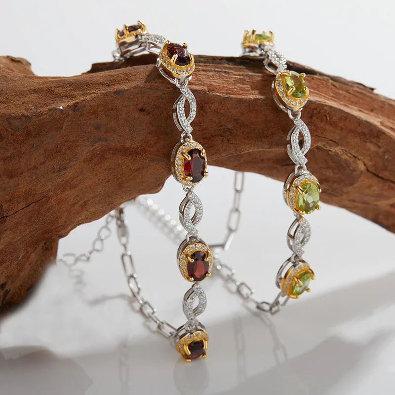 

CustomizationS925Pure Silver Natural Garnet Peridot Gemstone Bracelet for Women Luxury Diamond-Encrusted High-End Trendy Jewelry
