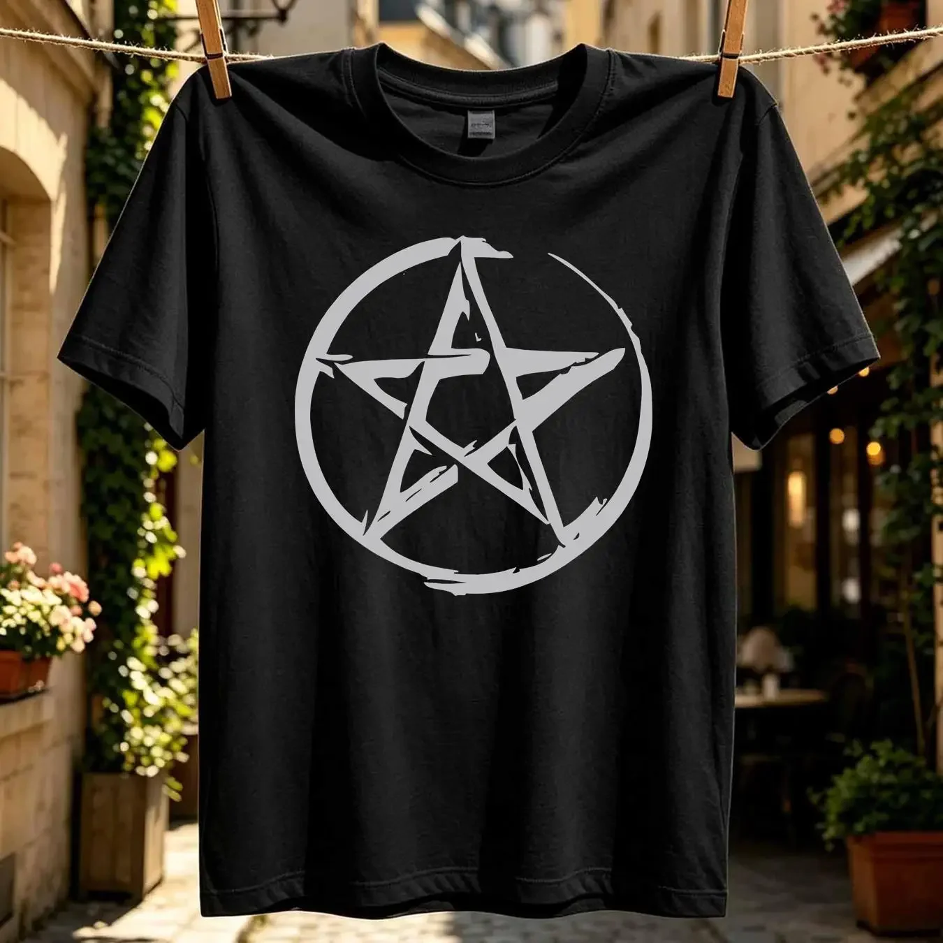 washed T Shirt Pentacle Pentagram Wicca Wiccan Pagan Mens Halloween vintage Washed Unisex Slightly Soft graphic Comfortable
