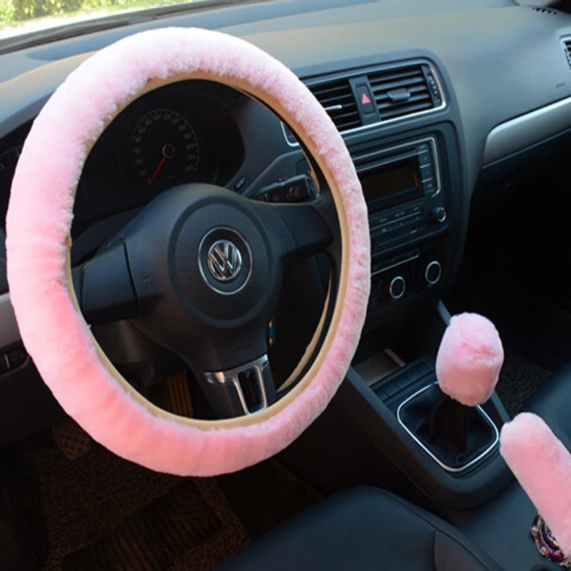 Car Steering Wheel Cover Gearshift Handbrake Cover Protector Decoration Warm Super Thick Plush Collar Soft Black Pink Women Man