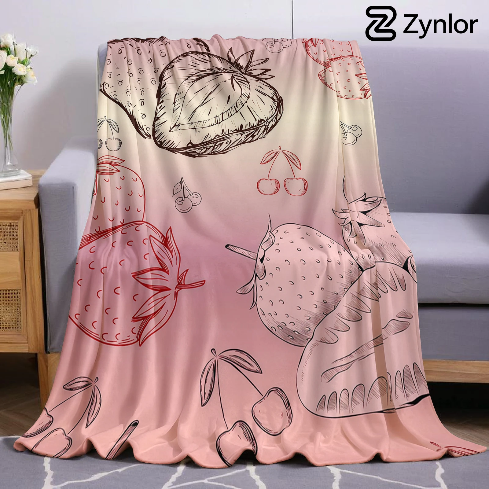 Christmas Throw Blanket - ผ้าห่มขนแกะไมโครไฟเบอร์น้ำหนักเบา ลายสตรอว์เบอร์รีเชอร์รี สำหรับคริสต์มาส ให้ความอบอุ่นและสบาย เหมาะสำหรับโซฟา สำนักงาน