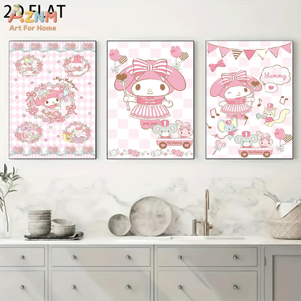 AZNM My Melody Party Checkered Bow Canvas Wall Art, Frameless Sanrio Cute Cartoon Print Poster For Girls Bedroom Home Decor