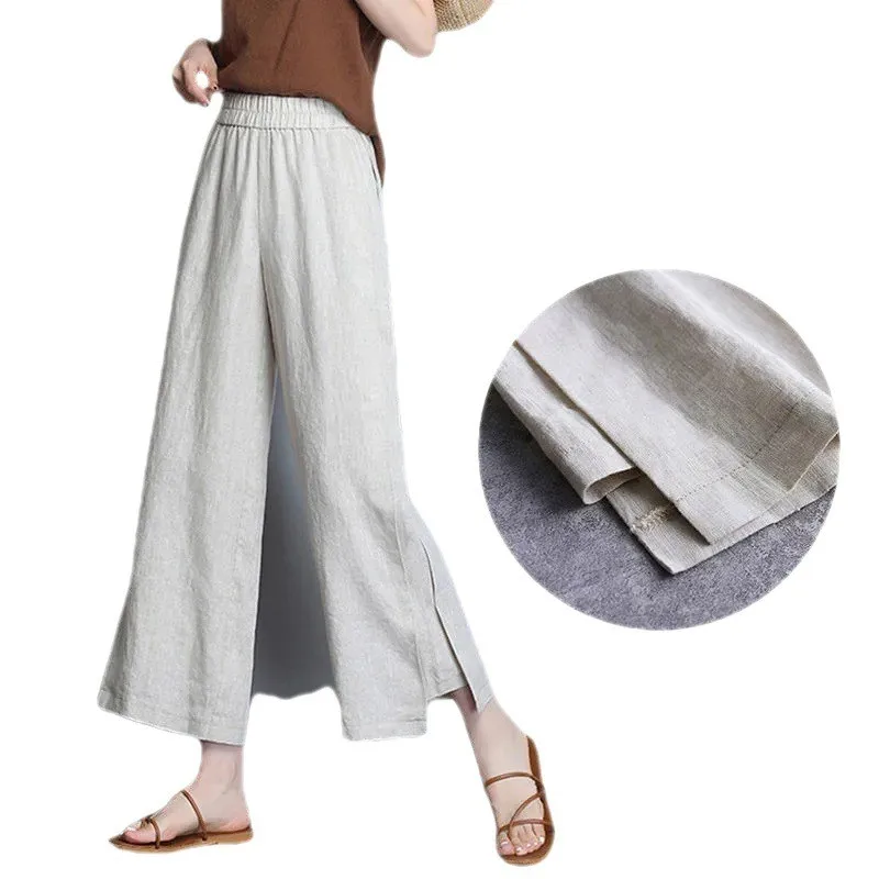 Pantalones de lino y algodón de pierna ancha de cintura alta para mujer, falda informal artística fina de verano, pantalones holgados adelgazantes de nueve puntos
