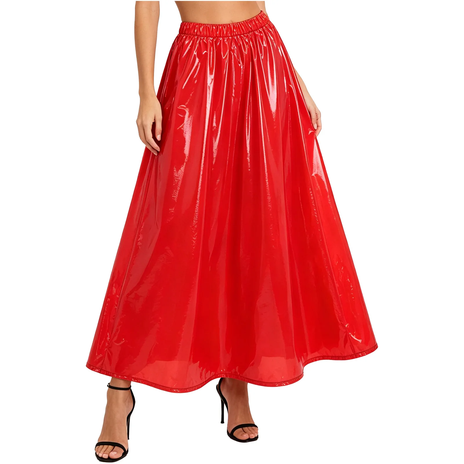 Womens Waterproof Vinyl Skirt Wet Look Elastic Waistband Maxi Swing Skirt Rave Dance Party Music Festival A-line Skirt Clubwear