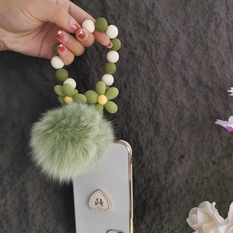 Mobile Phone Lanyard Hand Beaded Portable Chain Fluffy Hair Ball Pendant Short Pendant Phon Anti Loss Sling Phone Strap Charm