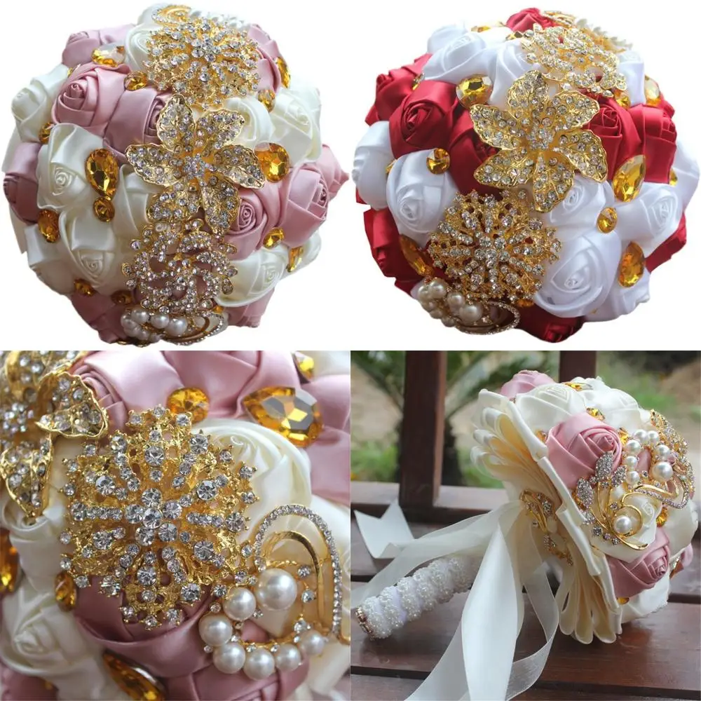 

Брошь ручной работы из хрустальной атласной розы для свадебных букетов, свадебные цветочные композиции с кружевом, идеально подходит для невест