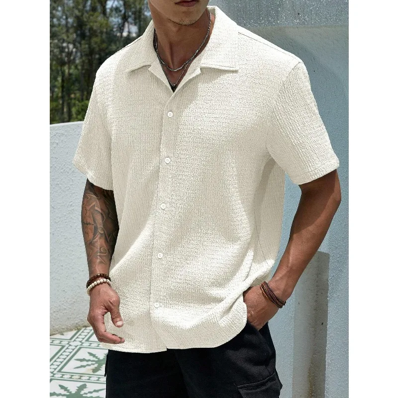 

2026 QualityManfinity Homme Men's Burgundy Summer Casual Vacation Shirt Set,Knit Pleated Textured Jacquard Short Sleeve Loose Fit Button Front Top For Resort Music Festival