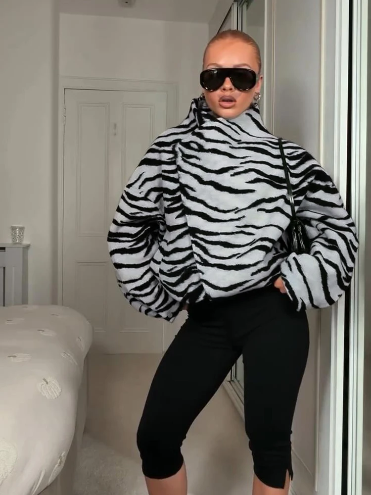 Zebra Stripe Stand Collar Women's Jackets Short Single Breasted Loose Vintage High Street 2026 Autumn Fashion Casual Coat