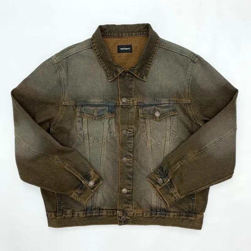 Men American Retro Short-Length Denim Coats Maillard Style Outerwear Spring and Autumn Heavy Wash Distressed Denim Jacket
