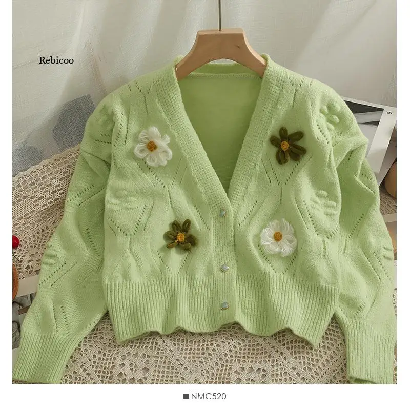 Long Sleeve Green Cropped Cardigan 2022 Spring Women's Sweaters 3D Flowers Knitting Jacket Pull Korean Style New