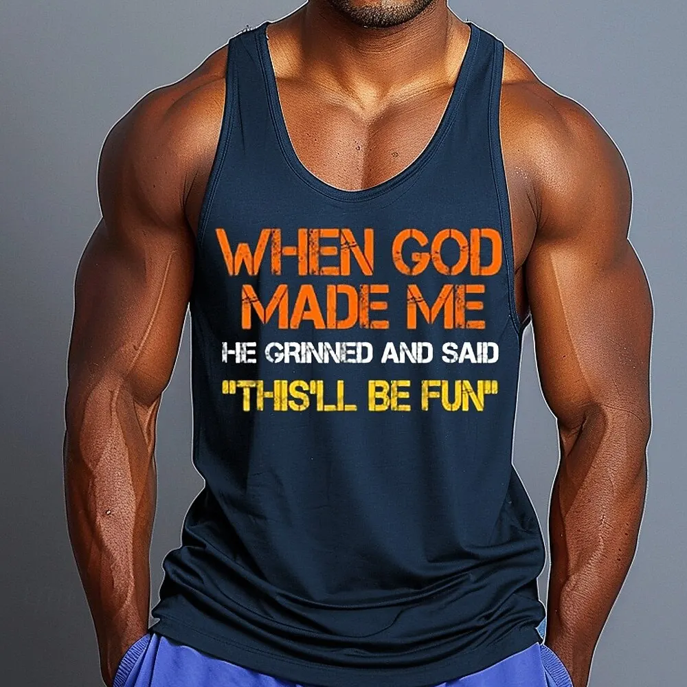 3D Print Funny Letter Graphic Men's Tank Tops Loose Round Neck Breathable Sleeveless Vest Gym Fitness Exercise Quick Drying Tees