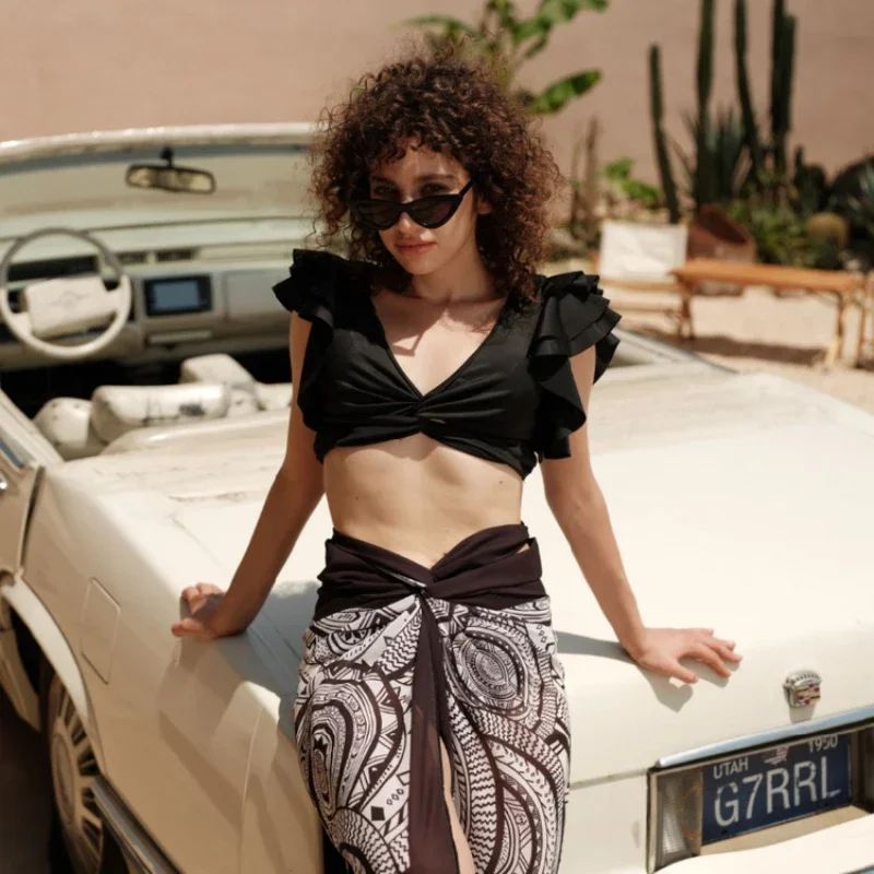 2024 جودة عالية رفع المرأة مجموعة البكيني الأزهار المطبوعة كشكش زي سباحة من قطعتين مجموعة تنورة شيفون البرازيلي Biquini ثوب السباحة