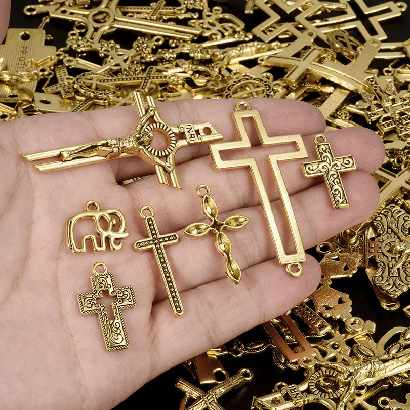 Random Mix Vintage Metal Ankh Hollow Jesus Cross Charms For Jewelry Making Bulk Gold/Silver Color Diy Christ Religious Pendants