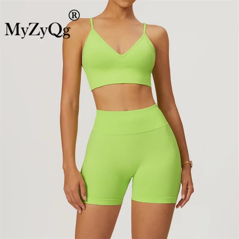 MyZyQg Women Seamless Crossover Back Yoga Bra Shorts Set Summer Sports Quick Dry Top Fitnes Workout Suit 2 Piece Outfit