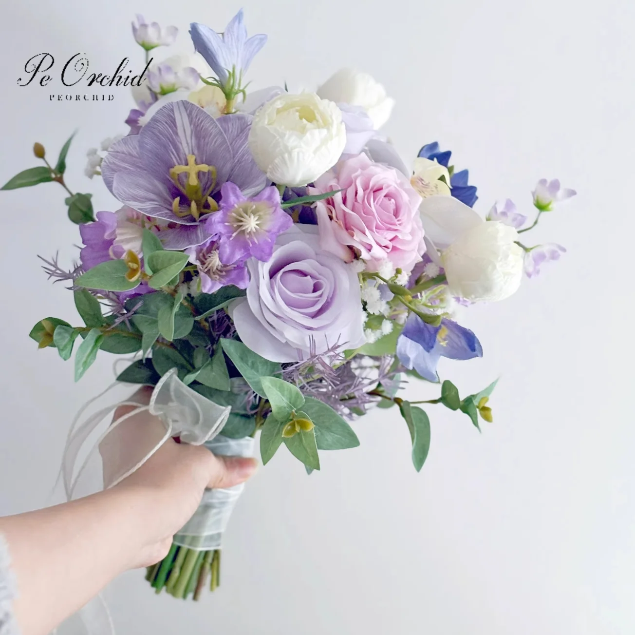 PEORCHID Lilac Lavender Wedding Bouquet Of Roses Tulips Faux Real Touch Rustic Artificial Silk Pink Bouquet Flowers