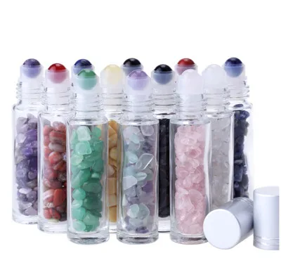 Natural Semiprecious Stone Essential Oil Gemstone Roller Ball Bottles Transparent Glass Roller Bottles with Crystal Chips Inside