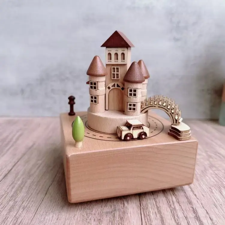 

&c 15.5X11X11CM Fairy Tale Castle Rotating Music Box Manufacturer Direct Sale Gift Wooden Craft Musical Ornament Handmade