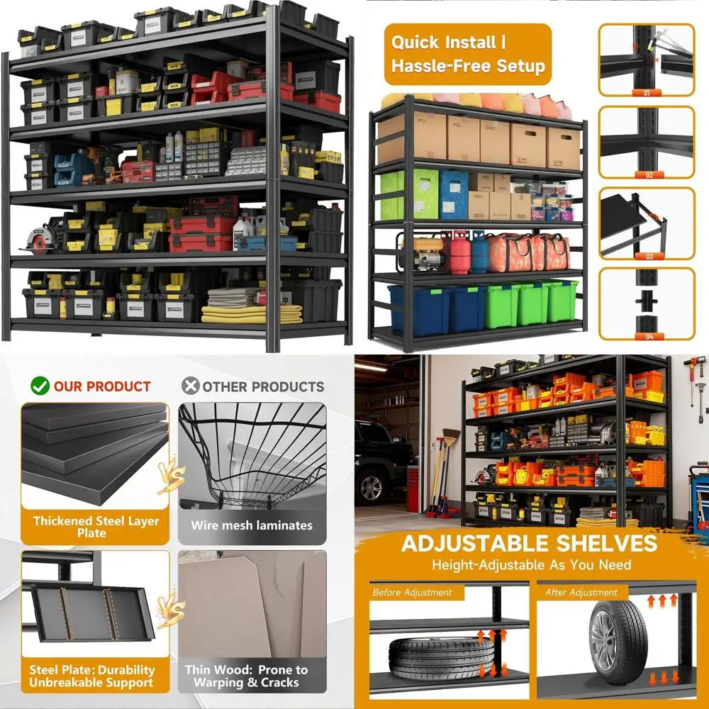 

5-ярусный металлический стеллаж для гаражей, 78H x 40W, грузоподъемность 3000 фунтов, регулируемая система хранения для гаража, склада, подвала