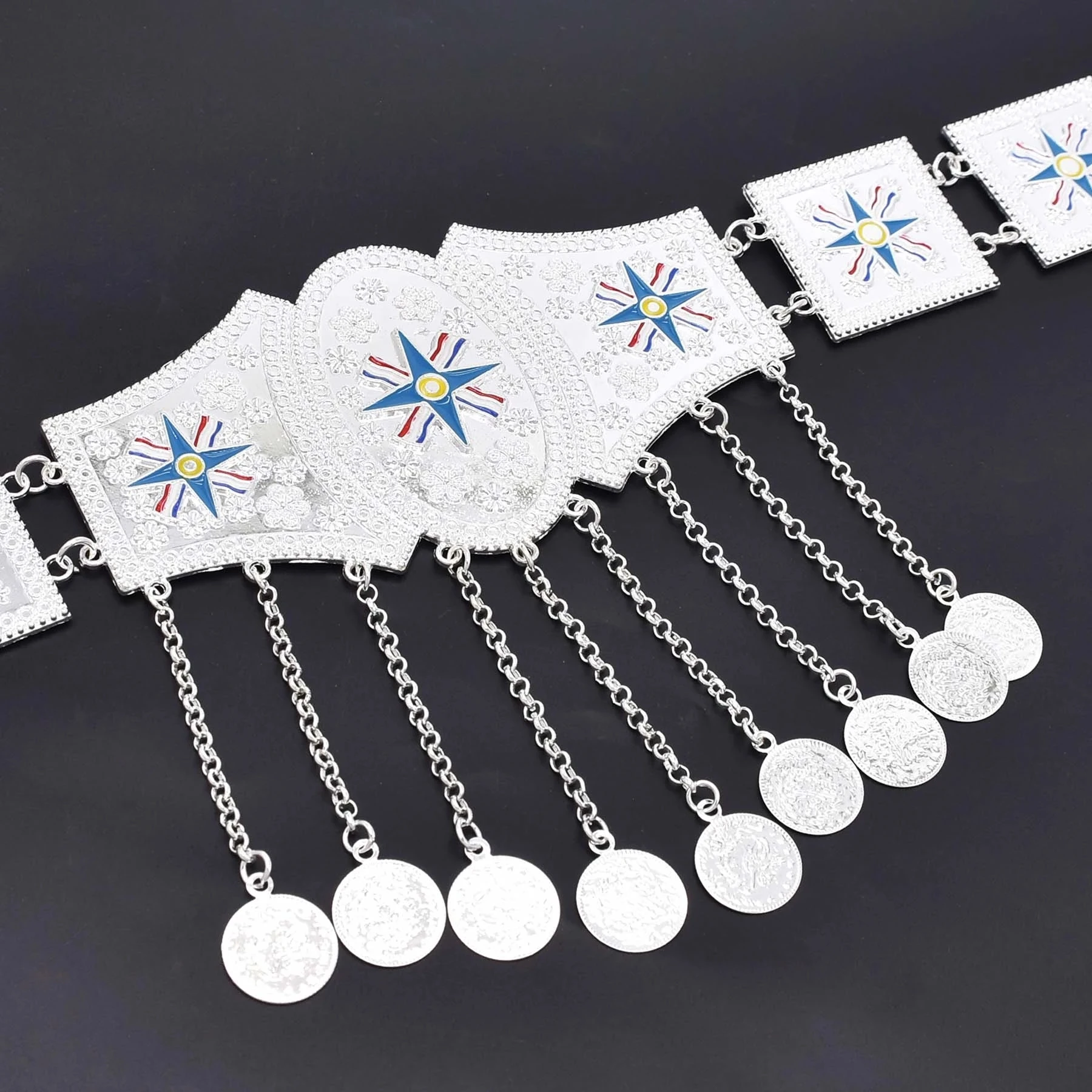 Silver Plated Assyrian National Flag Pattern Metal Waist Belly Chains Fashion Ethnic Coins Pendant Clothing Belts Body Jewelry