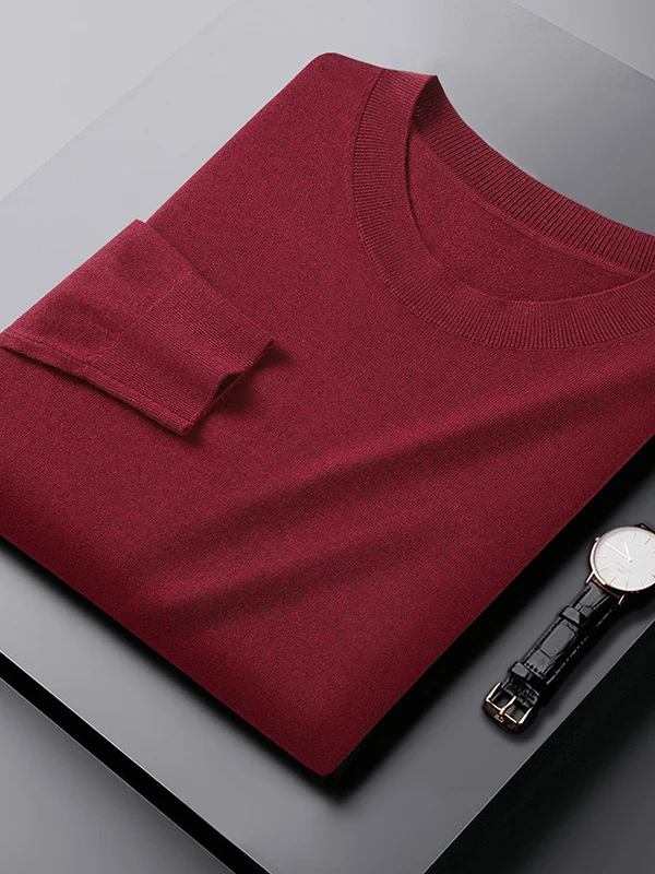 

Мужской тонкий шерстяной вязаный свитер с круглым вырезом, весенне-осенний, дышащий, эластичный, приятный к телу, однотонный