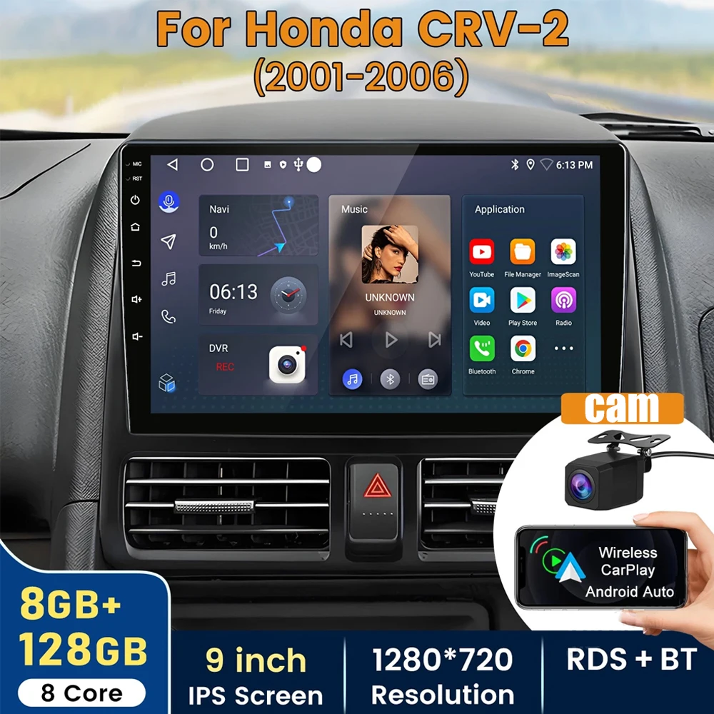 2 DIN Android 15 Car Radio for Honda CR-V CRV2 2001-2006 with Carplay Auto Multimedia GPS 4G WIFI DSP
