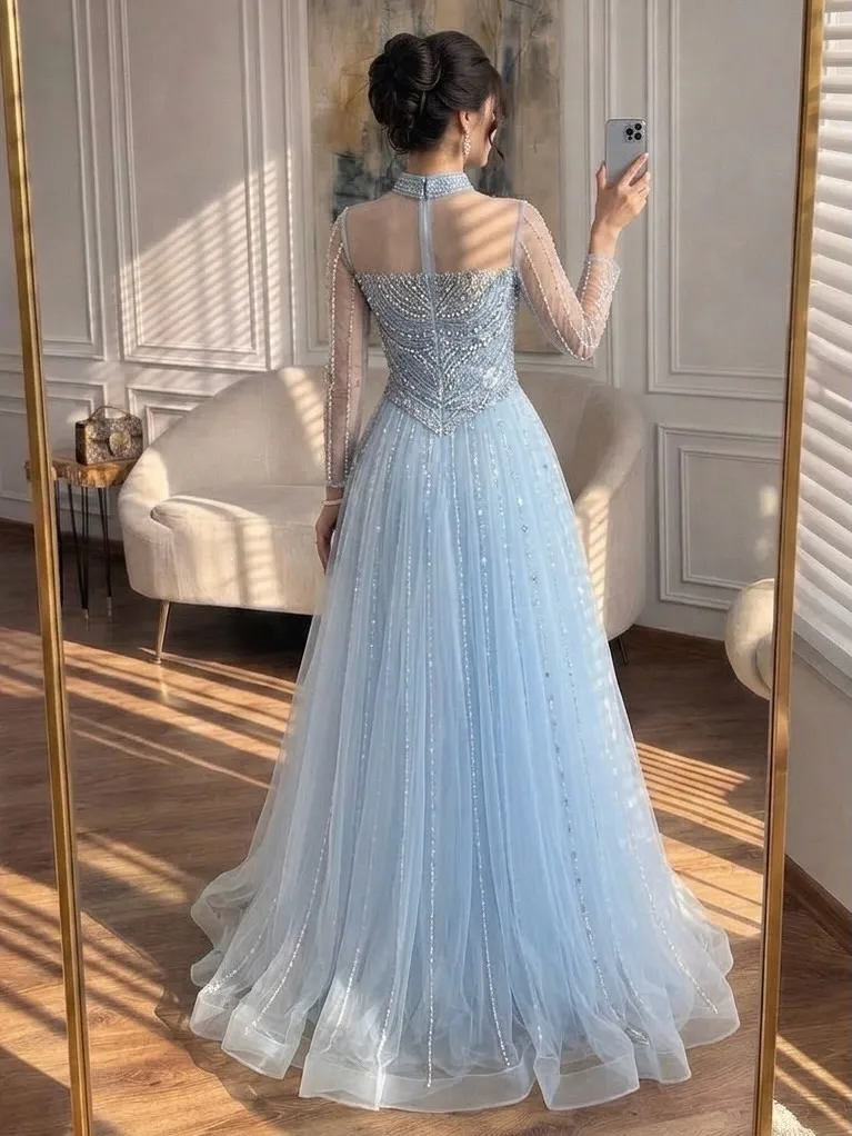 Maßgeschneiderte Luxus-Abschlussballkleider mit Kristallperlen, Damen-Abendkleid mit hohem Kragen und langen Ärmeln, Tüll, A-Linie, bodenlanges Partykleid