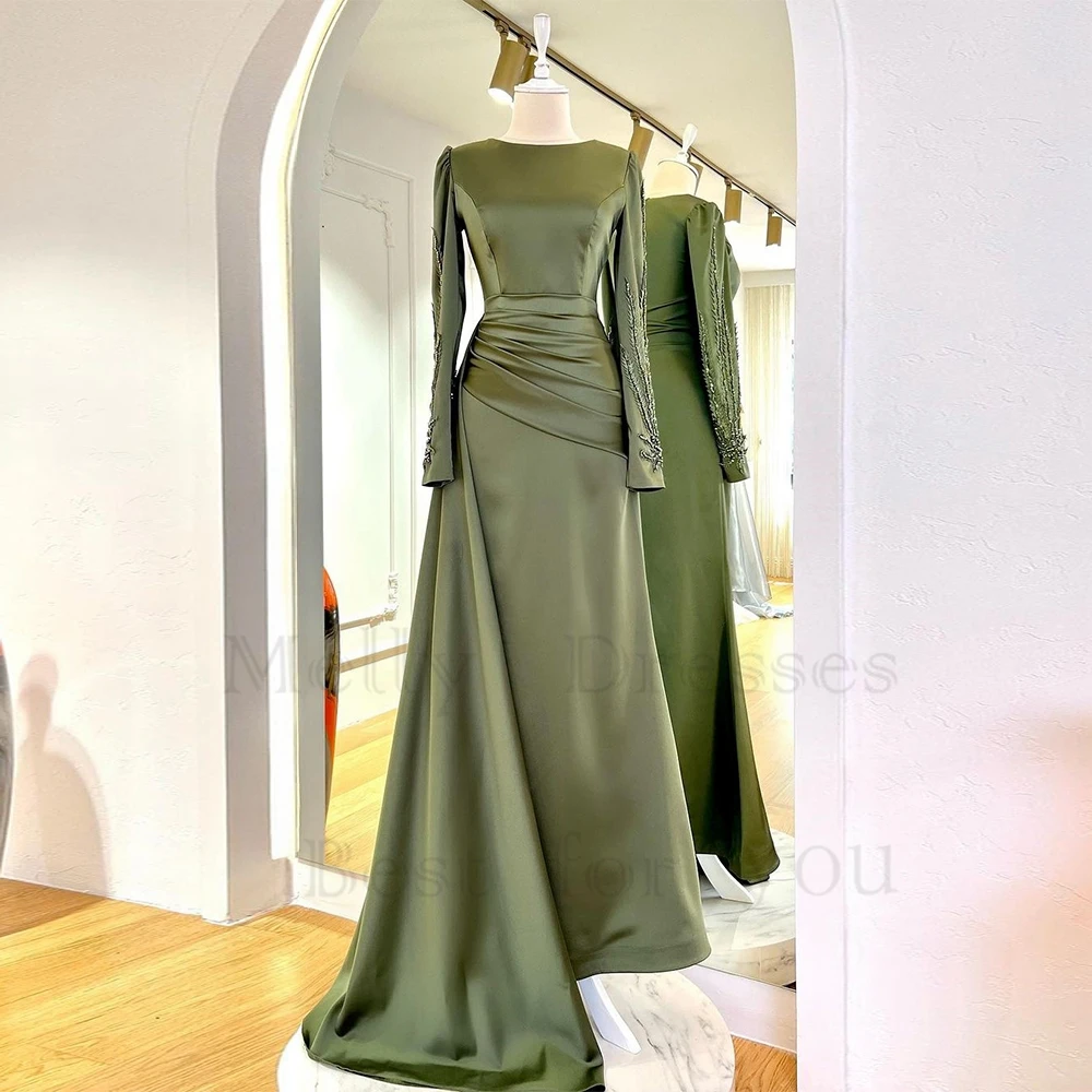 Customized Fashiom Scoop Green Evening Dresses for Ladies Beading Real Picture Full Sleeve Prom Gowsn Satin Vestido De Noche New