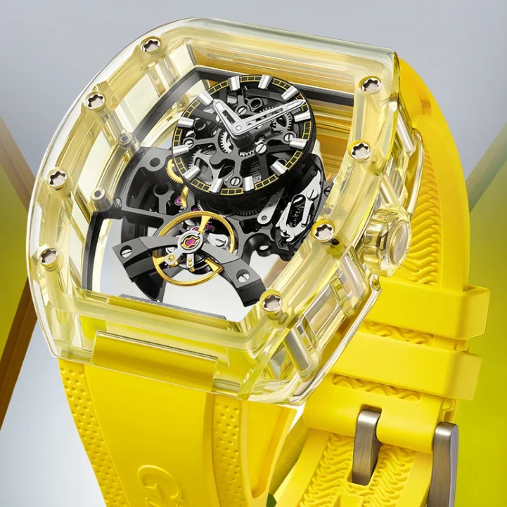 BONEST GATTI ساعة أوتوماتيكية للرجال 45 مللي متر Tonneau ساعة اليد الميكانيكية علبة أكريليك الياقوت مضيئة الهيكل العظمي الهاتفي فلوروروبر