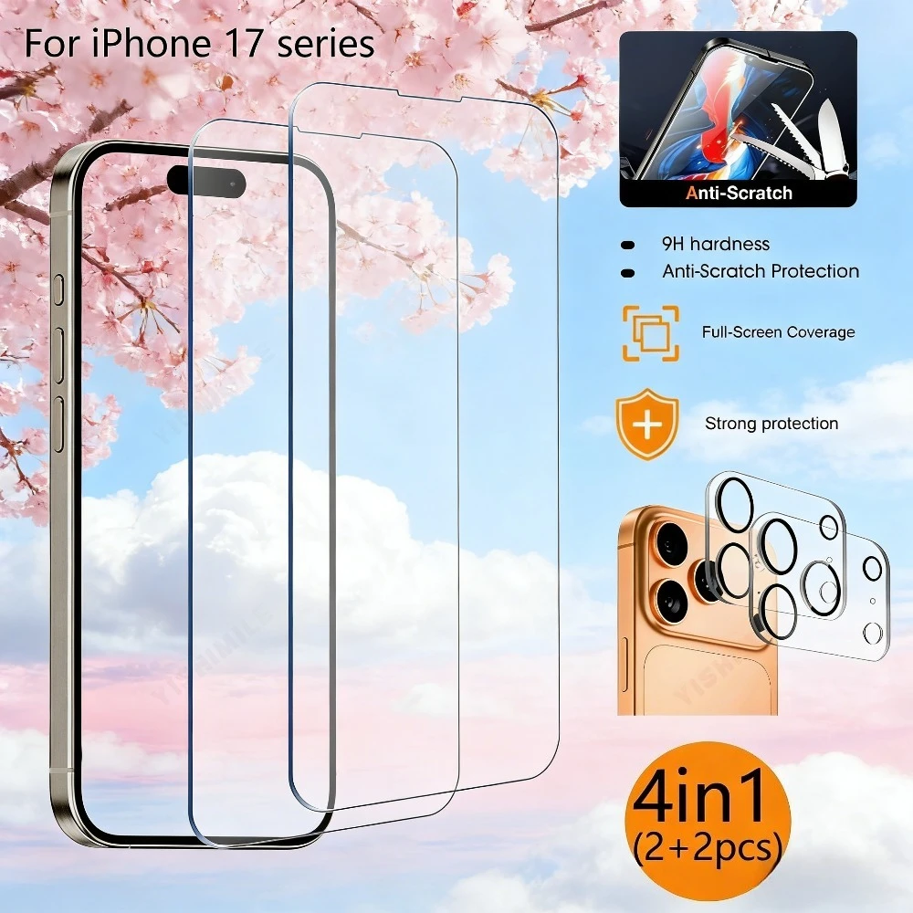 

2Pcs Full Cover HD Tempered Glass for iPhone 17 16 15 14 Pro Max 16 15 Plus Air 17e 13 12 11 Pro With 2Pcs Camera Lens Protector