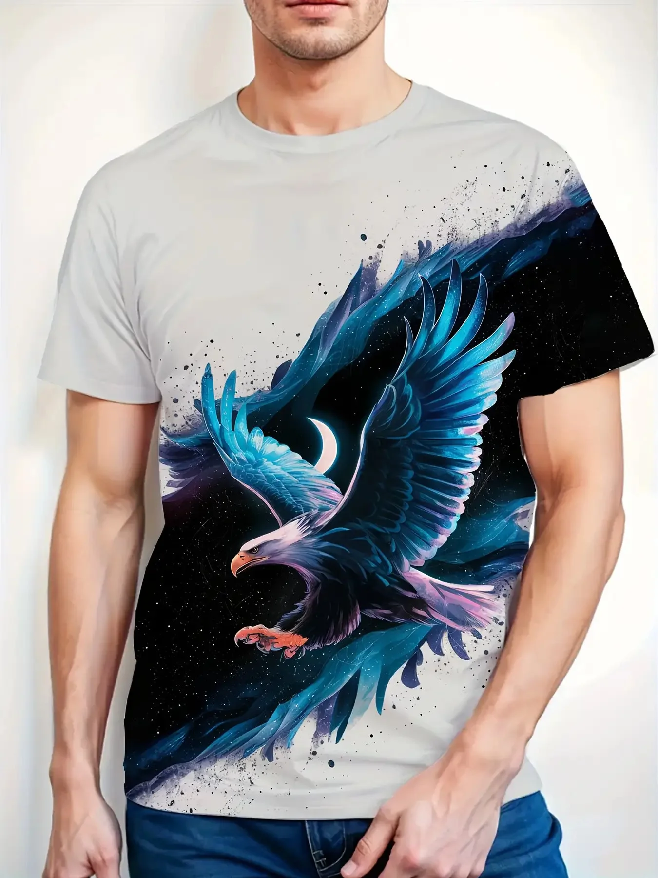 Men Short Sleeve T‑Shirt Galaxy Flying Eagle Crescent Moon Splash Art Crew Neck Casual Tops