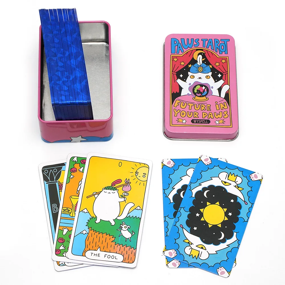 High Quality Cat Tarot Cards in A Tin Metal Box Gold-plated Edge Tarot Cards for Cat Lovers Divination Card Games