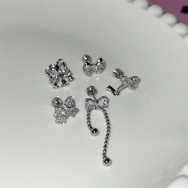 Advanced Silver Color Bowknot 316L Stainless Steel Ear Bone Nail New Fashion Delicate Zircon Earrings for Women Y2K Punk Jewelry
