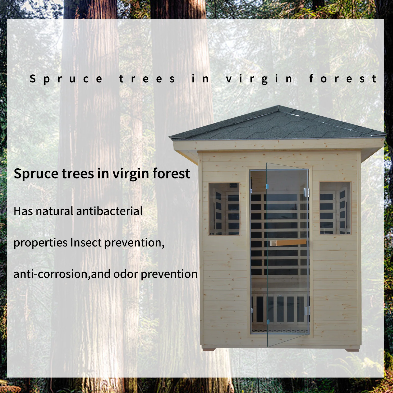 Outdoor Far Infrared Graphene Sauna Room, Natural Spruce Wood Low EMF Home Sauna Cabin with Waterproof Asphalt Roof, Color Light Therapy for Home Backyard Spa view 2