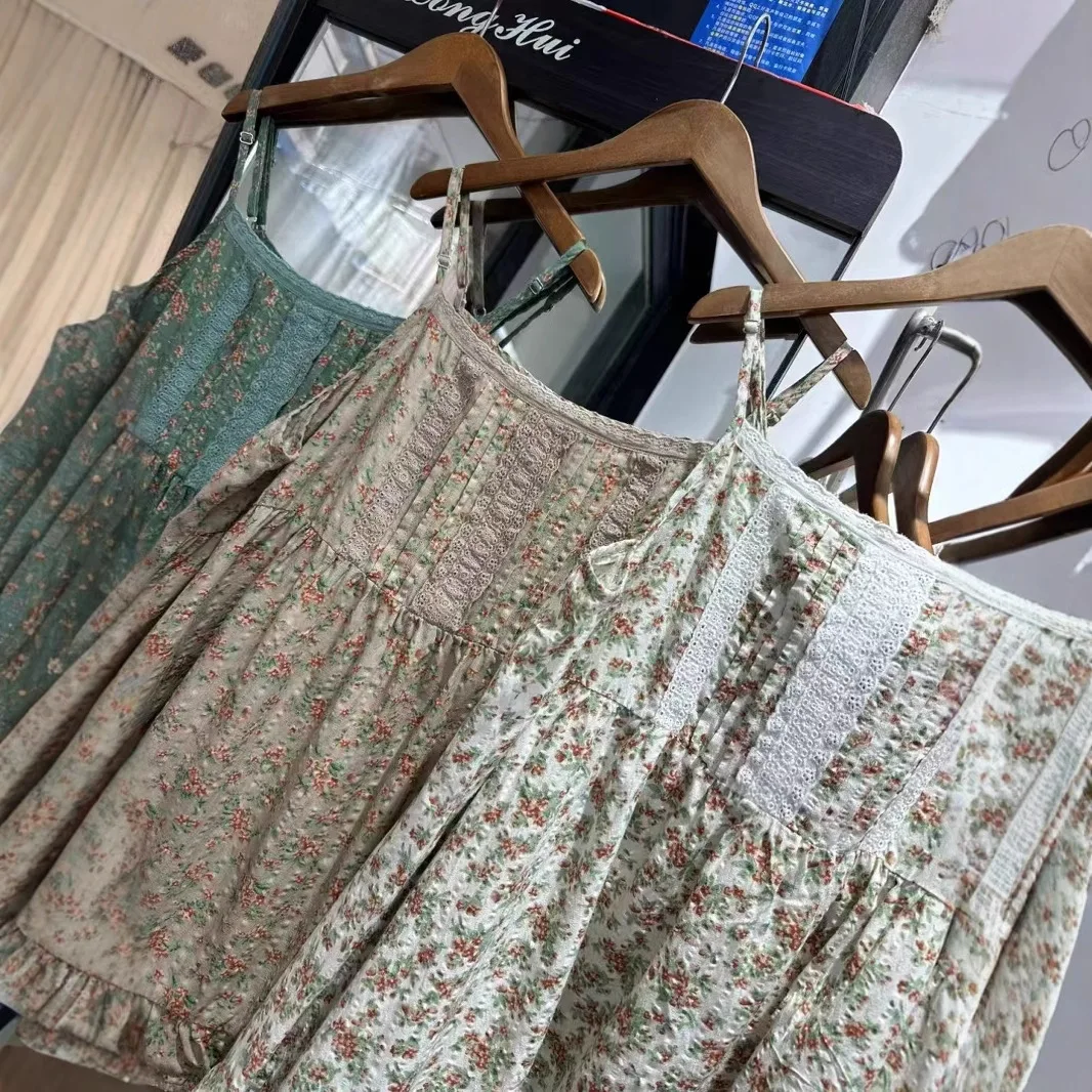 빈티지 모리 걸 꽃 프린트 레이스 패치 워크 슬립 드레스 여성 여름 새 캐주얼 루즈 스파게티 스트랩 a 라인 미디 드레스