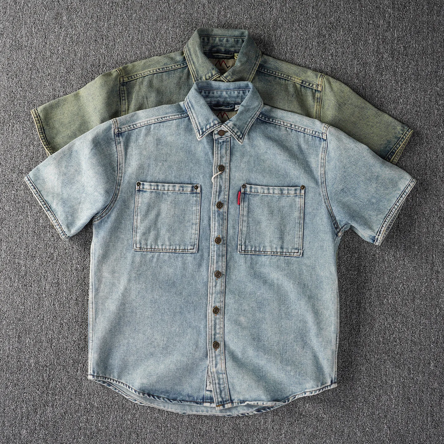 Heavy washed old-fashioned retro nostalgic American denim short-sleeved shirt men's summer trend all-match work shirt