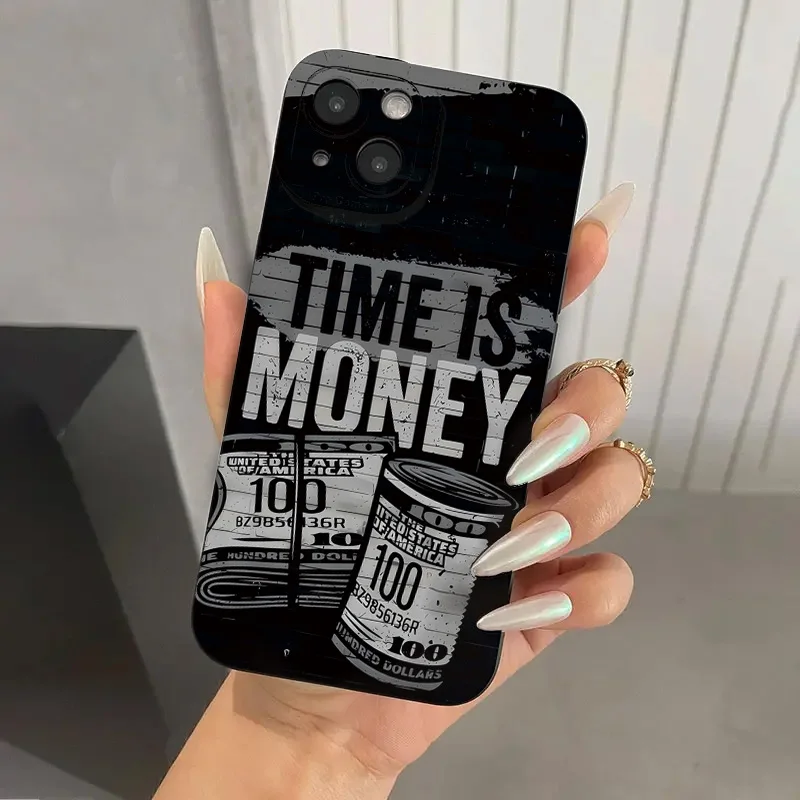 Phone Case For iPhone 16 Pro Max 15 14 13 12 11 XS X XR 7 8 Plus SE 2022 Time Is Money Printed Camera Protection Silicone Cover