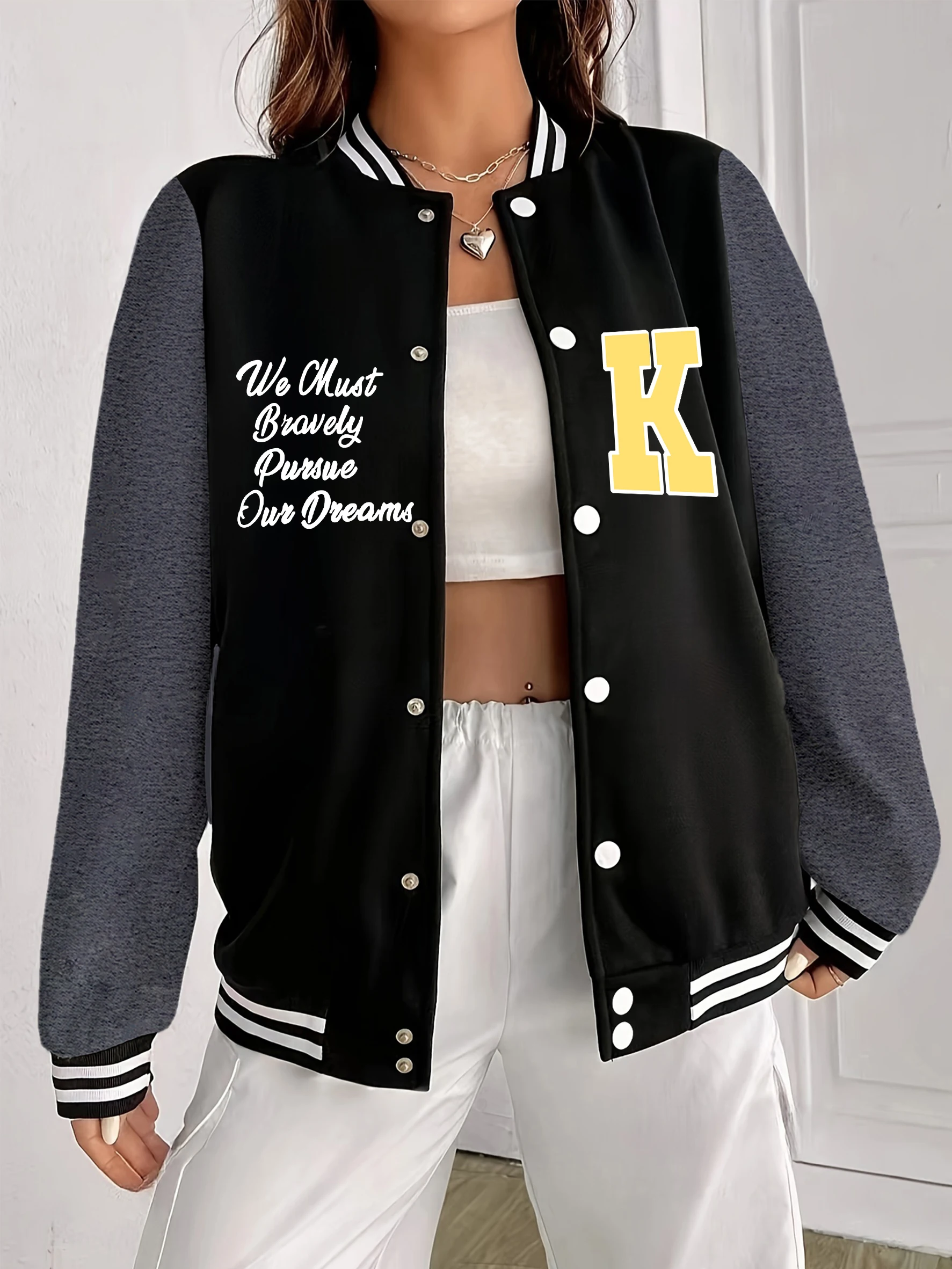 

We Will Achieve Our Dream K Pattern Women Jackets Sport Fleece Baseball Uniform Woman Oversized All-Match Clothes Y2K Sportswear