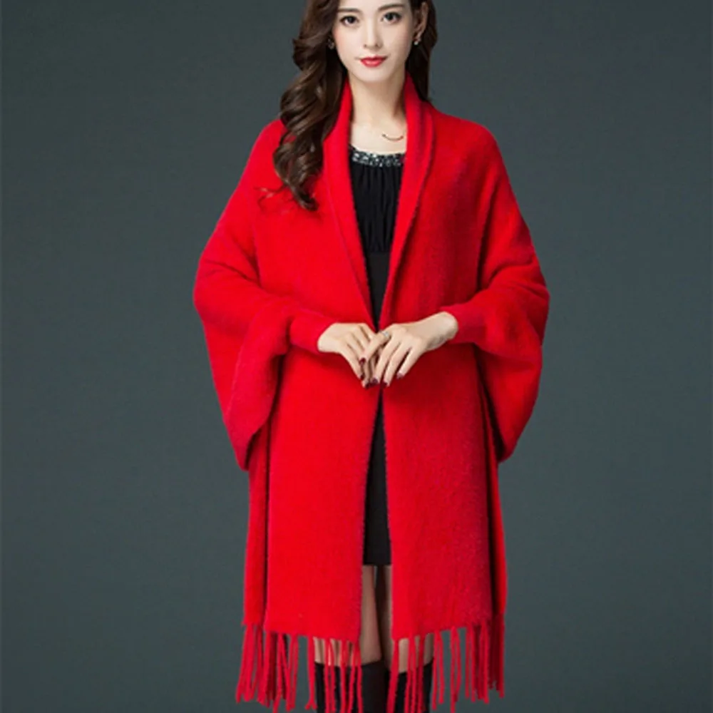 Autumn Winter Bat Sleeves Cloak Shawl Women\'s Faux Mink Velvet Poncho Sweater Long Cardigan Fashion Tassel Cloak Thicken Capes