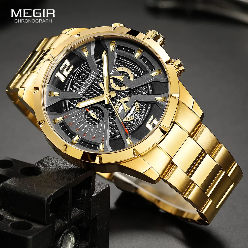 MEGIR Gold Quartz Watch Men Stainless Steel Strap Chronograph Luminous Wristwatch with Auto Date 24-hour 3atm Waterproof