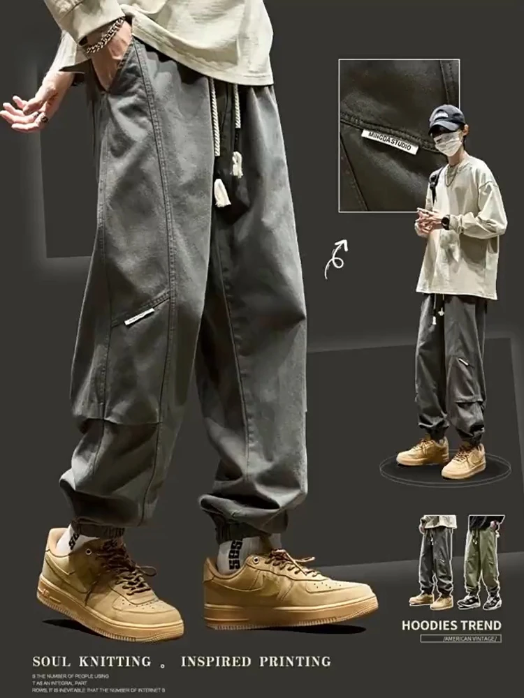 

Retro American Cotton Work Pants Men's Loose Casual Trousers Autumn Spring Seasonal Patchwork Paratrooper Loose Fit Sweatpants