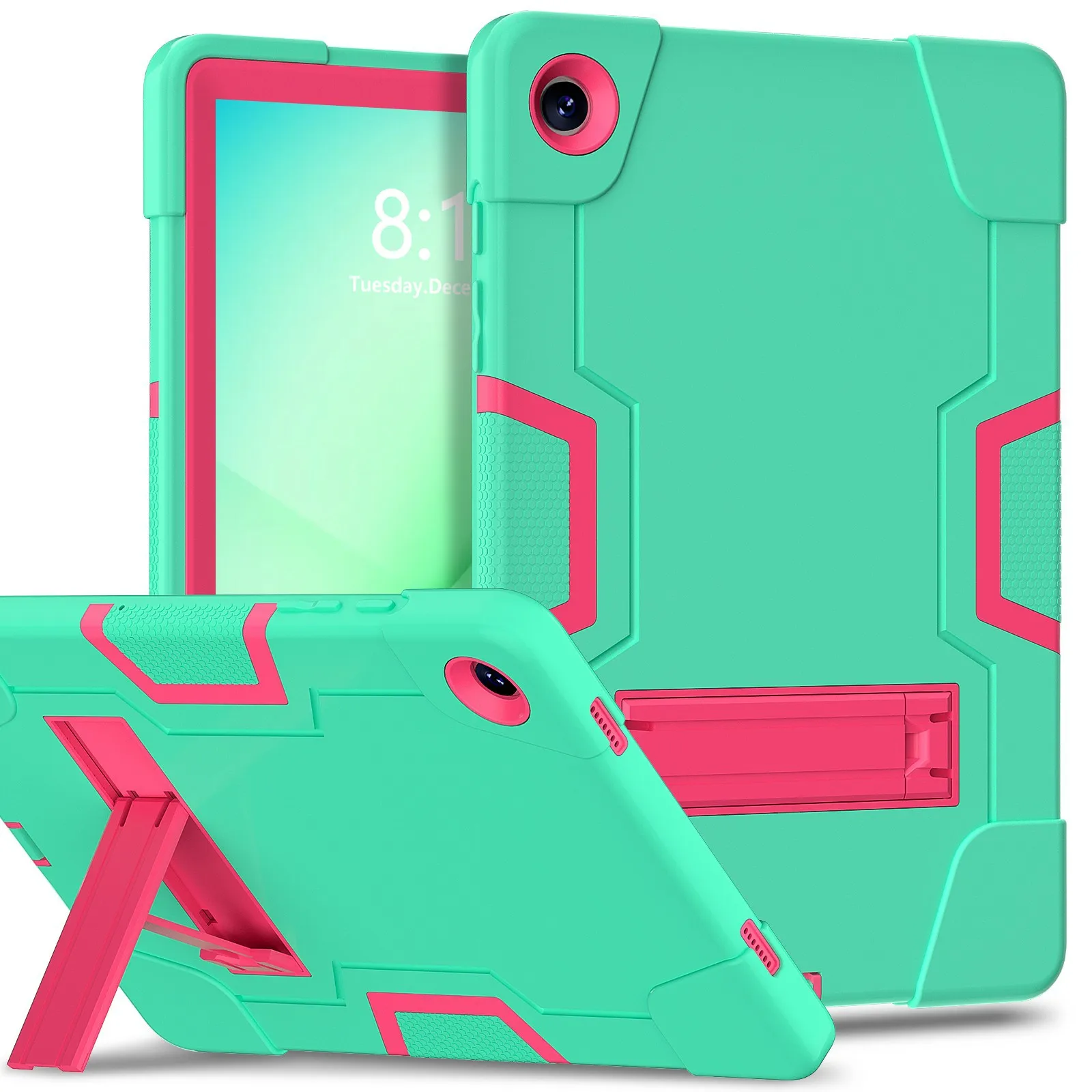 

For Samsung Galaxy Tab A11+ Case Robot Style Silicone + PC Tablet Cover with Kickstand - Mint Green / Rose