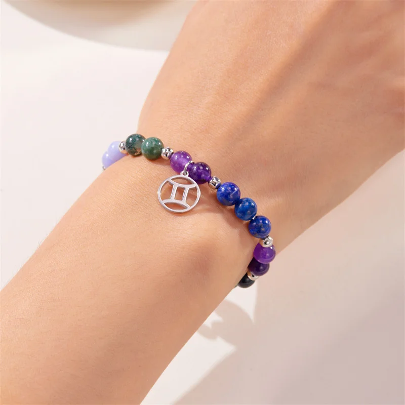 Minimalistische Bunte Naturstein-Perlenarmbänder für Damen und Herren, Modische Handgefertigte 12 Sternzeichen-Armbänder, Schmuck – Detail 12