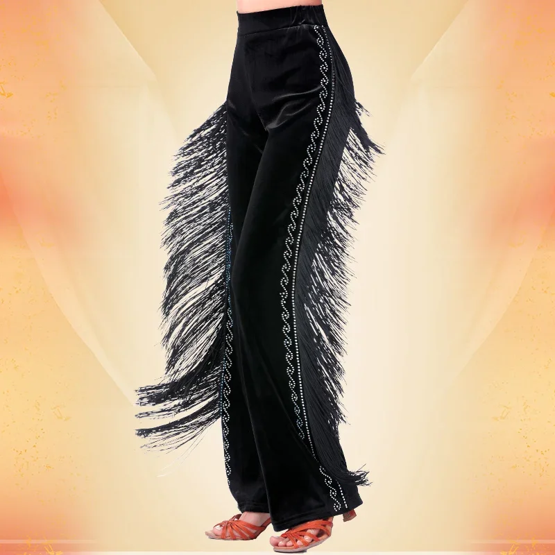 Fringe Pants Latin Dance Women Practice Clothes Cha Cha Samba Tango Dance Wear with Tassels Velvet Trousers Rhinestone Pant