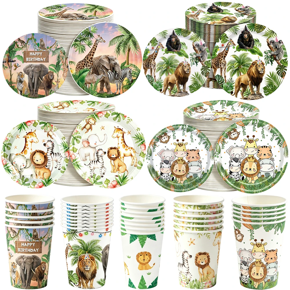 10-50Pcs Jungle Safari Animal Disposable 7/9 Inch Paper Plates Cup Lion Giraffe Zebra Elephant Tableware Birthday Party Supplies
